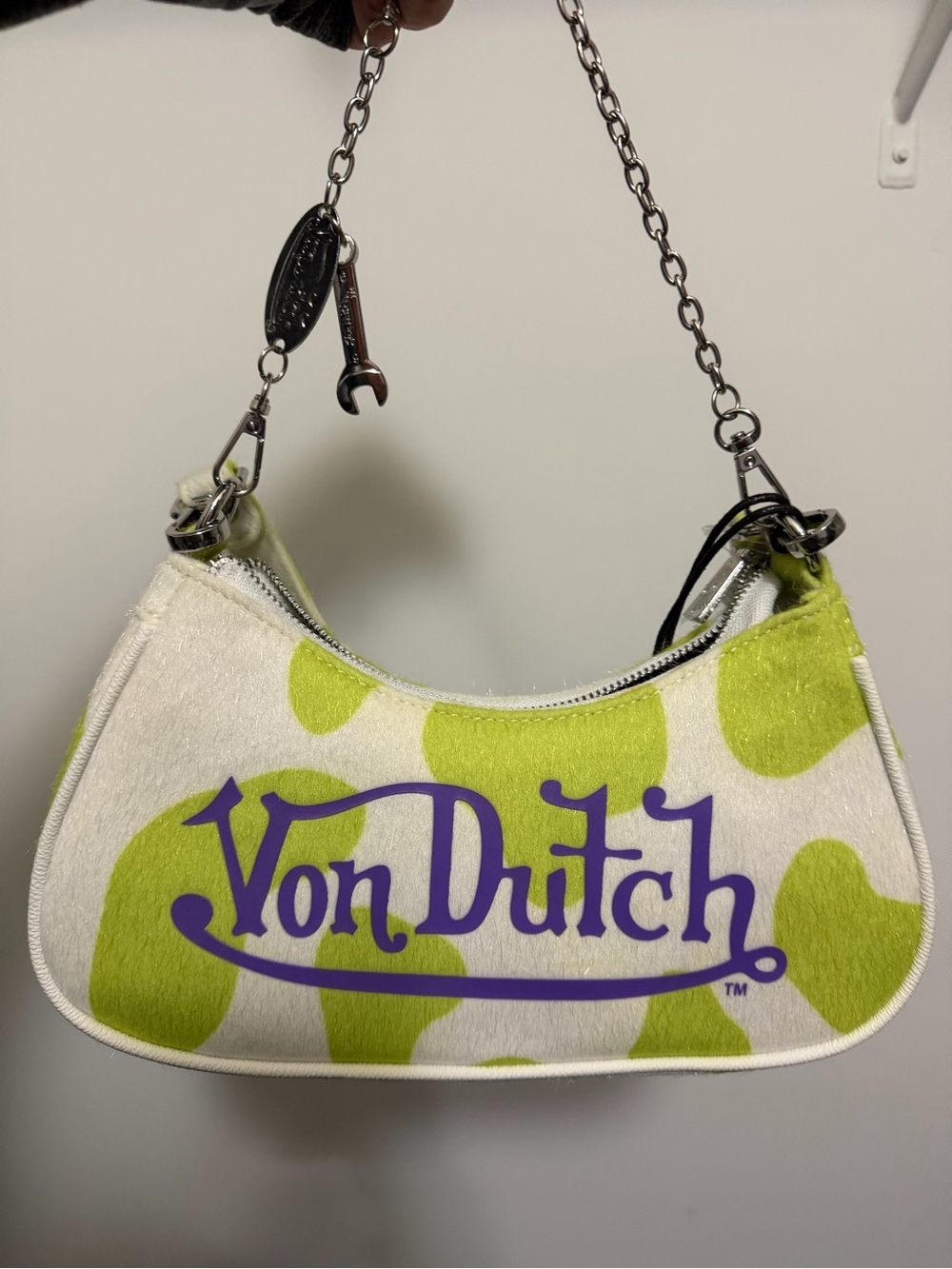 Von Dutch Lime Green, White & Purple Logo Chain Shoulder Bag